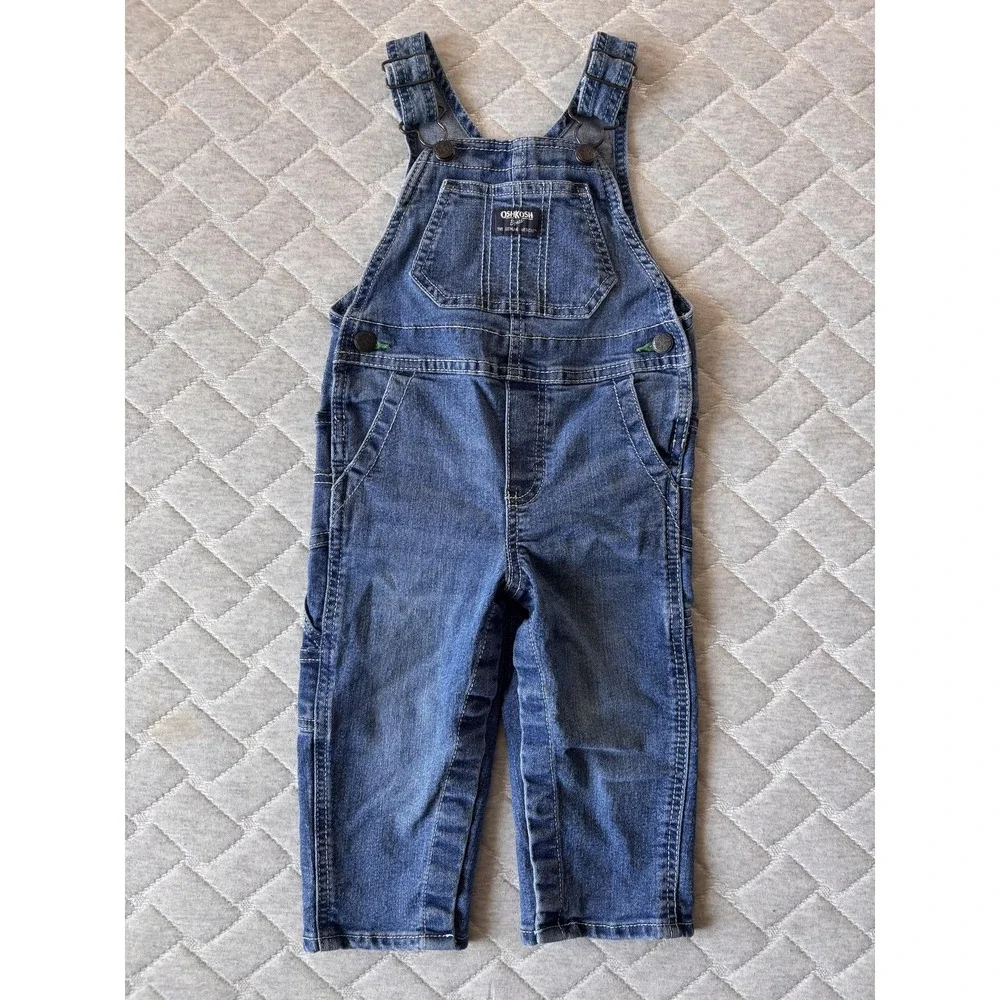OshKosh B'gosh Denim Bib Overalls Boys 12-18 Months Blue Snap Pockets Cargo